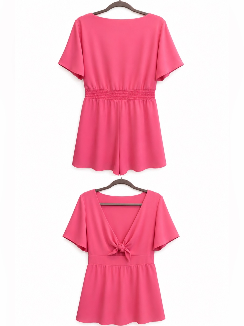 Hot Pink Short Sleeve Tie-Front Romper